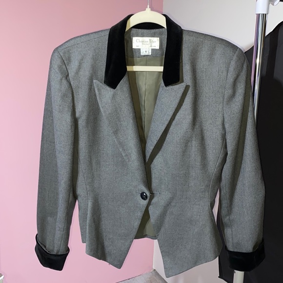 Vintage Christian Dior blazer 6 gray black velvet collar wool business corpcore - Picture 5 of 13